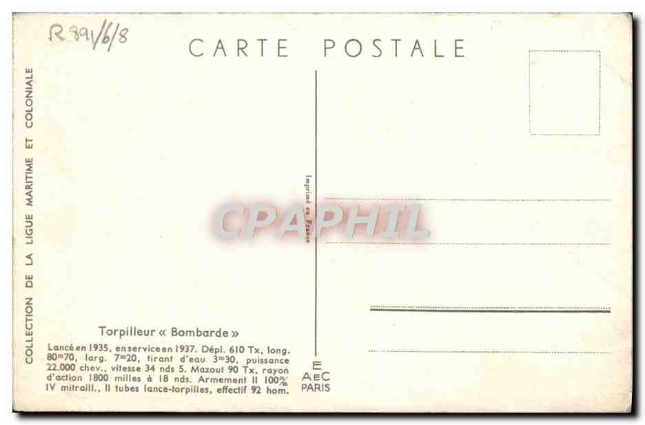 CPA Bateau Haffner Torpilleur Bombarde — Verso