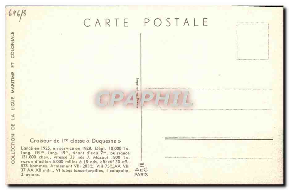 CPA Bateau Haffner Croiseur de lere classe Duquesne — Verso