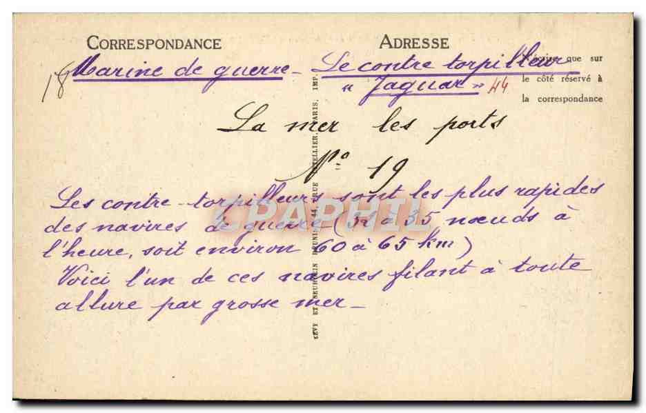 CPA Marine de Guerre Contre torpilleur Jaguar par Dumont Duparc — Verso