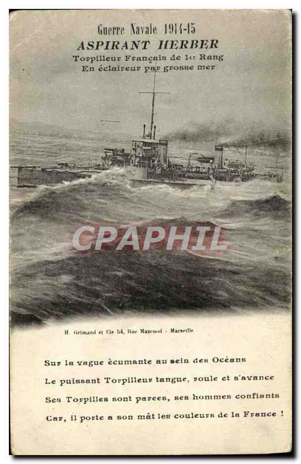 CPA Bateau Guerre Navale Aspirant Herber Torpilleur francais de 1er rang