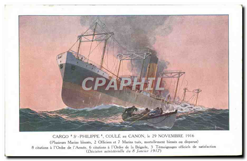 CPA Bateau Cargo Philippe Coule au Canon le 29 novembre 1916
