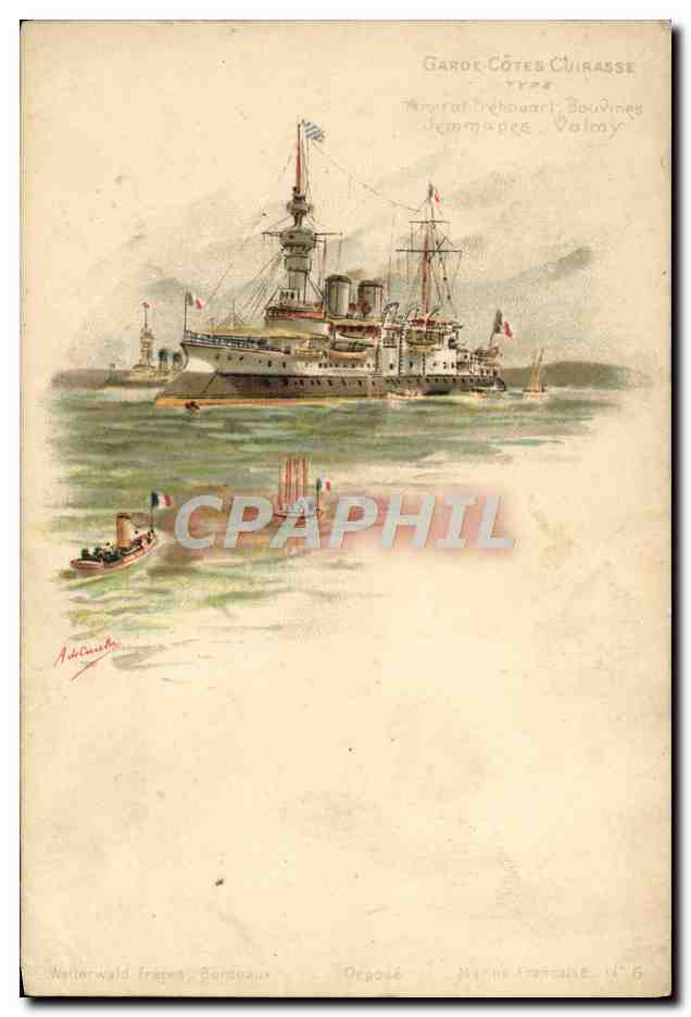 CPA Bateau Garde cotes Cuirasse Amiral Trehouart Bouvines Jemmapes Valmy 