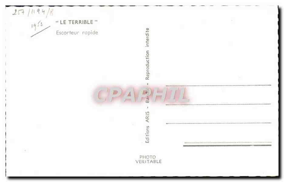 CPA Bateau Le Terrible Escorteur Rapide — Verso