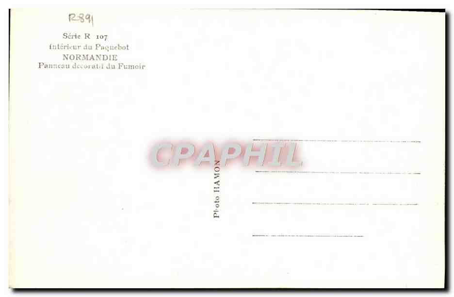 CPA Bateau Le Havre Le Grand Paquebot Normandie Panneau decoratif du fumoir Cigarette Tabac  — Verso