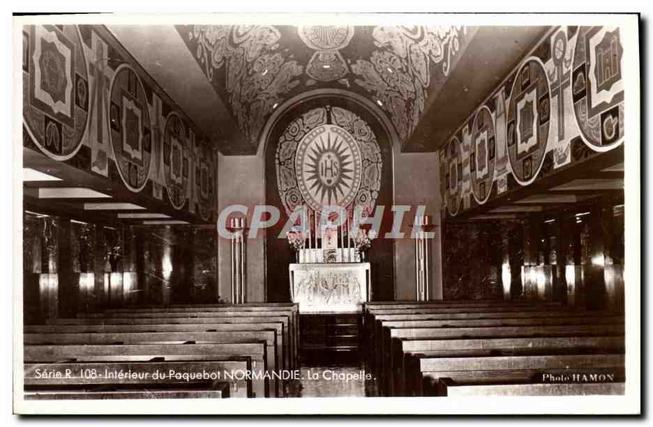 Intérieur du Paquebot NORMANDIE — La Chapelle — Photo HAMON, Série R.108
