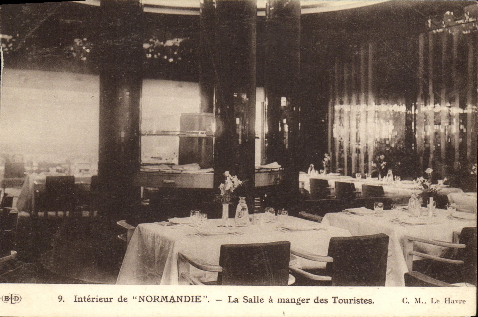 Antike Ansichtskarte Innenansicht des Schiffs Normandie Das Esszimmer der Touristen