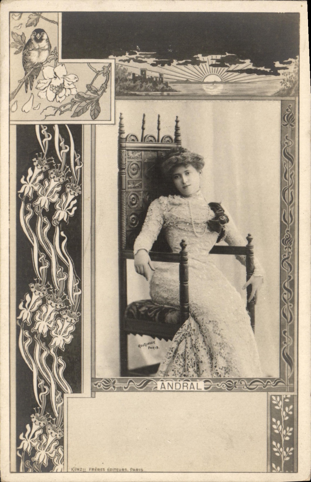 Jeune femme en robe de style Art Nouveau — ANDRAL — éditée par KÜNZLI FRÈRES, PARIS