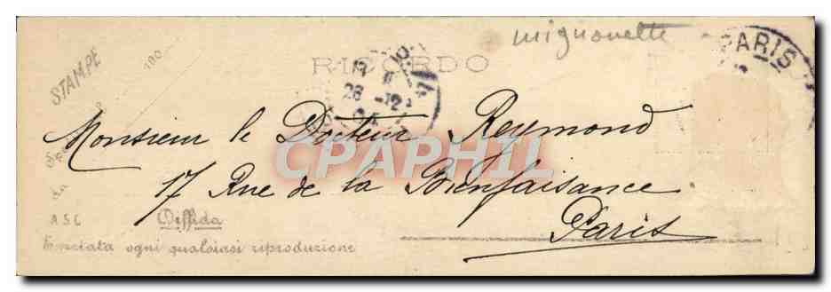 Femme en robe longue et cape — Paris — éditeur Ricordo, n° 100 — Verso