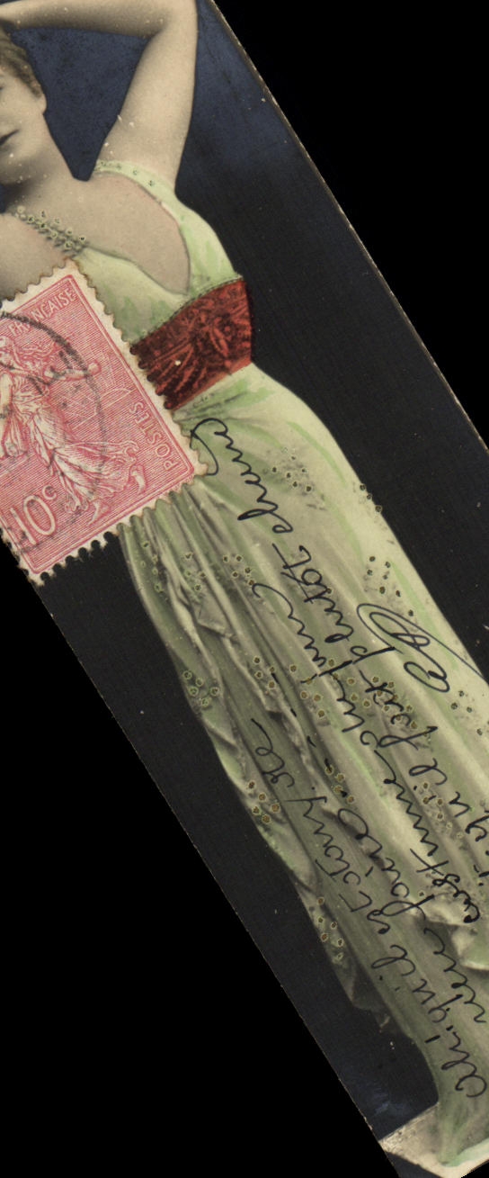 Frau in grünem Kleid — unbekannter Verlag — 10 Cent-Stempel