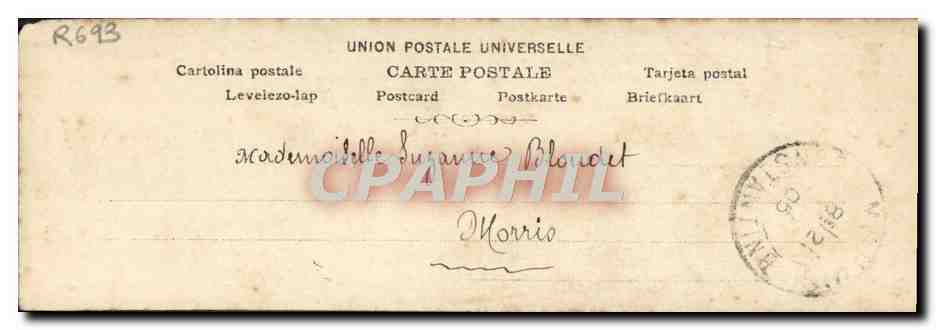 Mademoiselle — Sujet : femme en robe à pois et chapeau — éditeur : Renouvier, Paris — Achterkant