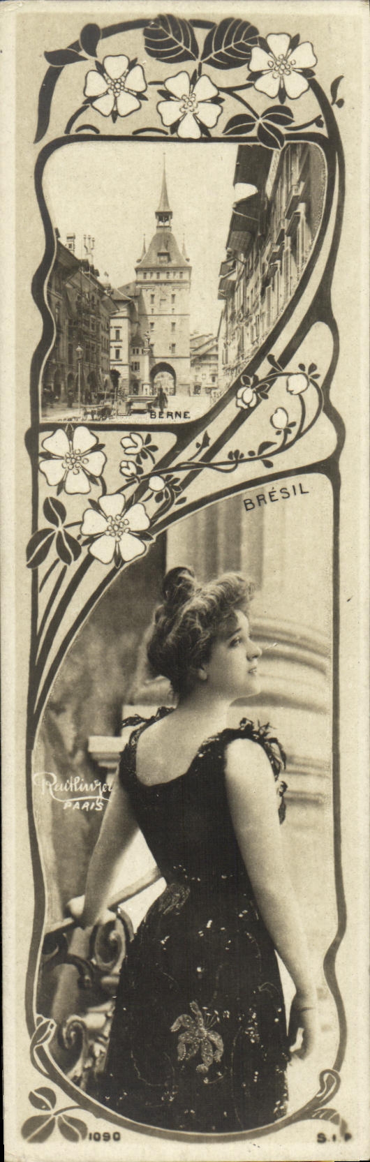 Femme en robe noire — décor floral Art Nouveau — Railluura, Paris, n° 1090
