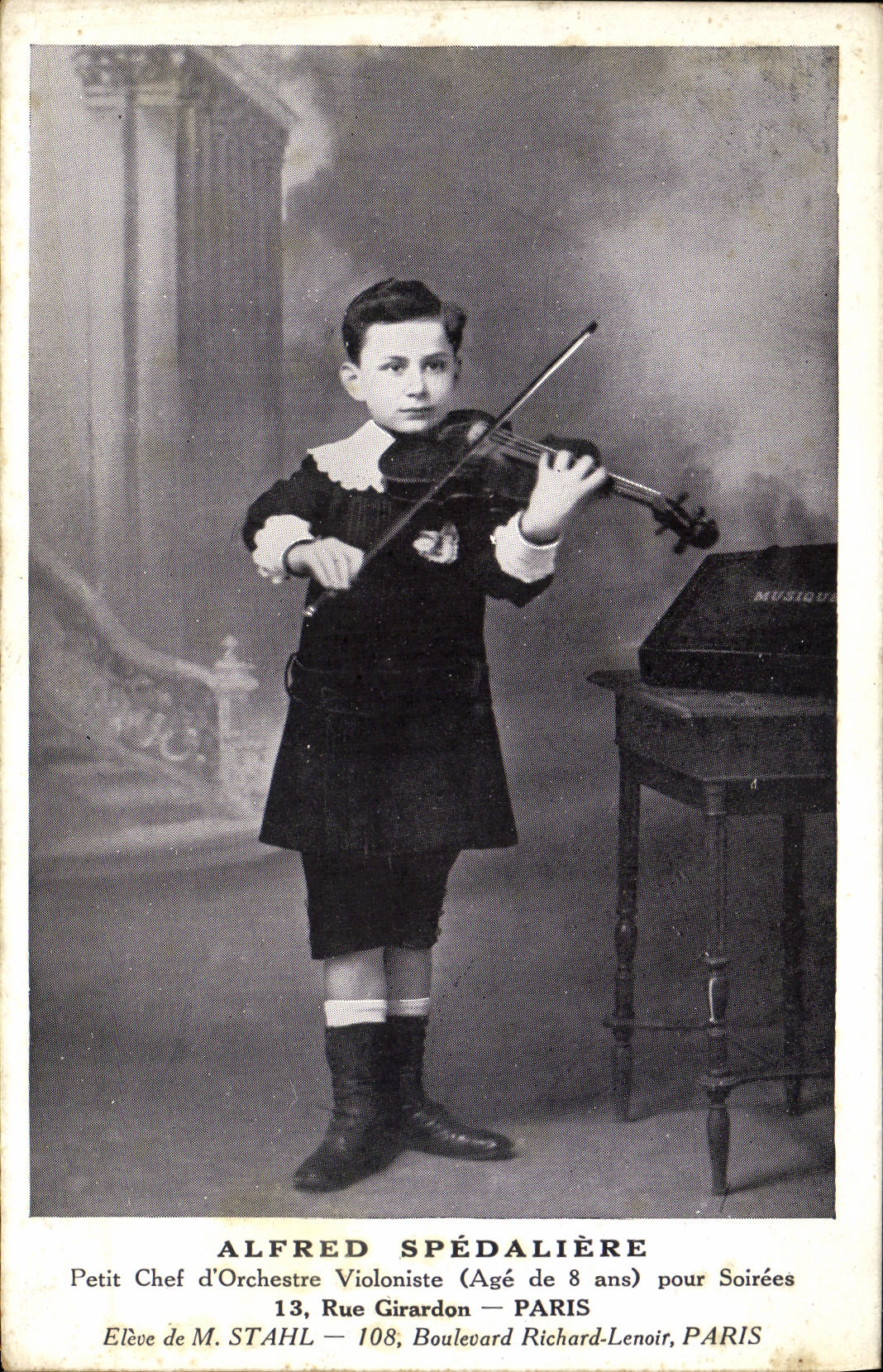 Alfred Spédalière — Violoniste âgé de 8 ans — Élève de M. Stahl, Rue Girardon, Paris