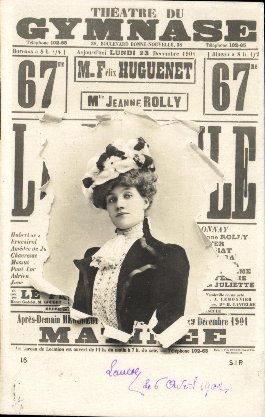 Thema: Mme Jeanne Rolly am Théâtre du Gymnase — Theaterplakat vom 23. Dezember 1904 — Verlag S.I.P. n°16