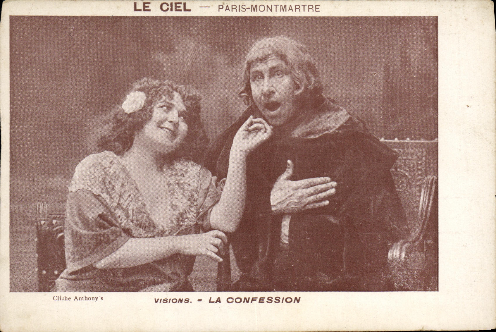 CPA Fantaisie le ciel Paris Montmartre Visions la confession 