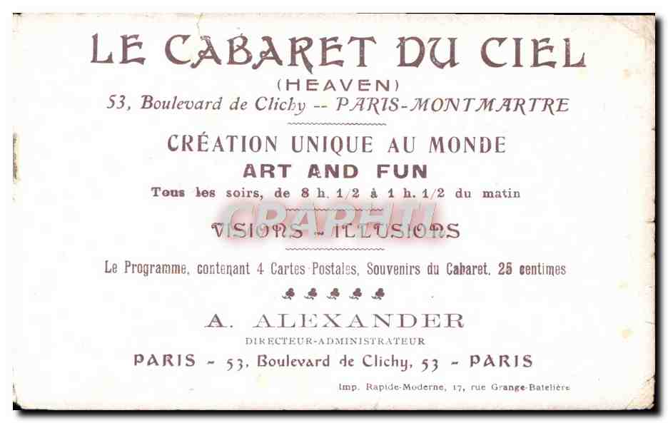 CPA Theatre Paris Montmartre Le Ciel Heaven Art and Fun — Achterkant