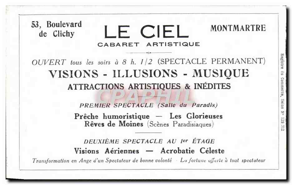 CPA Theatre Paris Montmartre Le Ciel Cabaret Illusions Vision — Rückseite