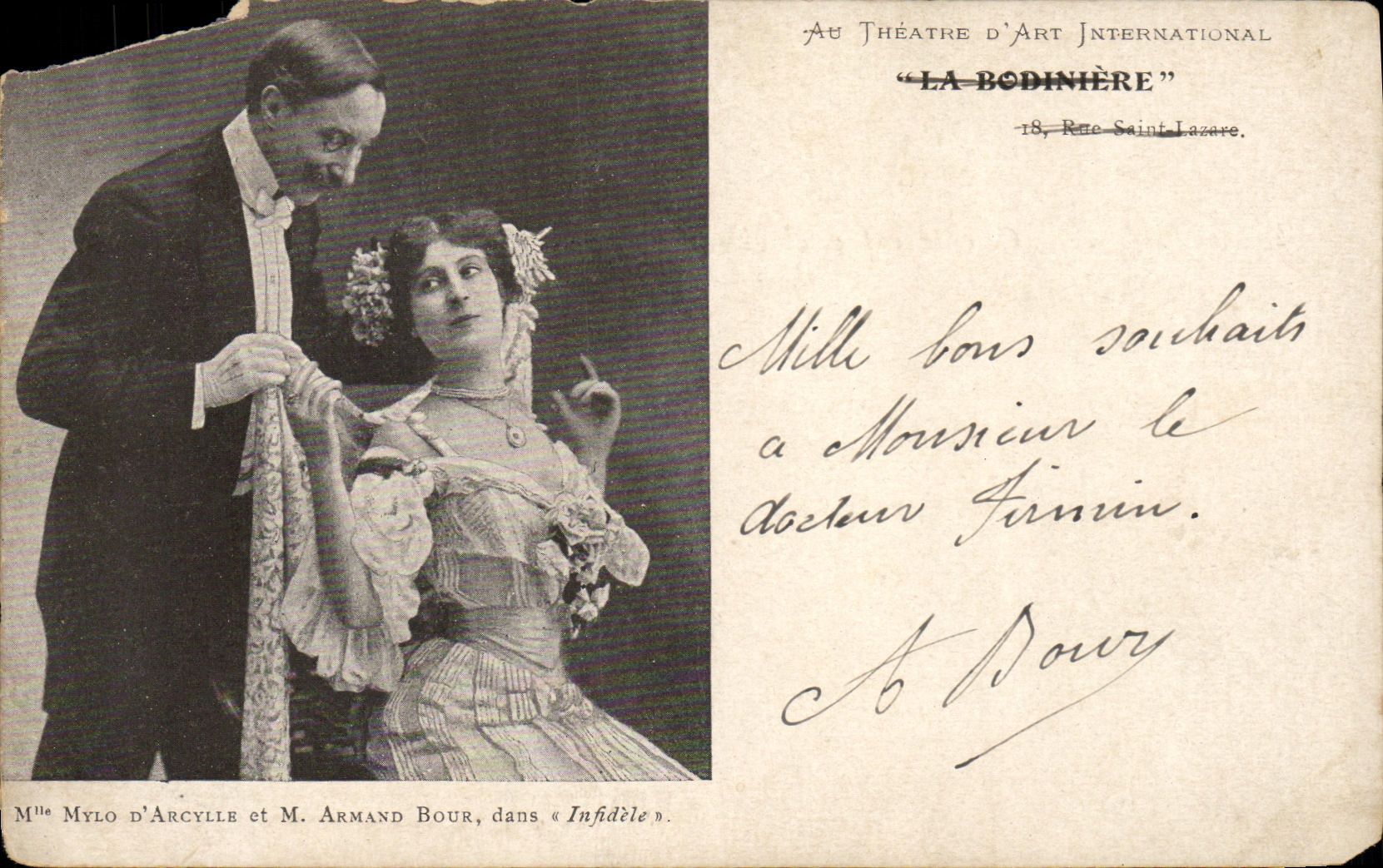 CPA Theatre Mlle Mylo d'Arcylle et M Armand Bour dans Infidele Theatre La Bodiniere