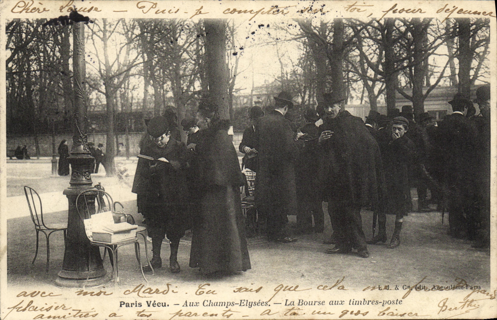 Paris Vécu — Aux Champs-Élysées — La Bourse aux timbres-poste — L.D. & Cie, édit. Angoulême, Paris