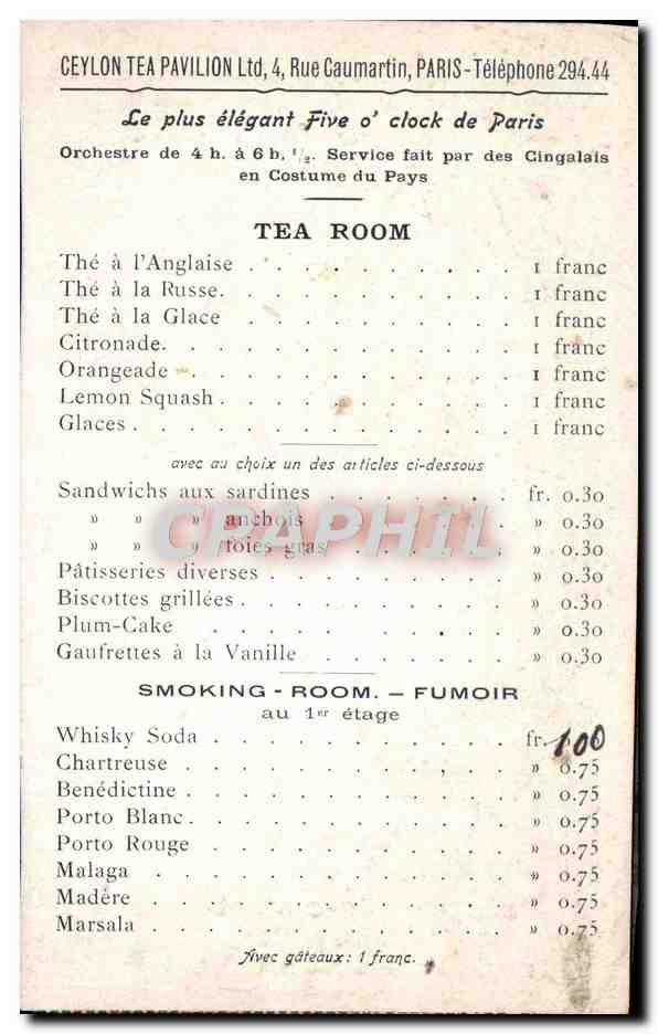 CPA Menu Ceylon Pavillon Exposition 1900 — Verso