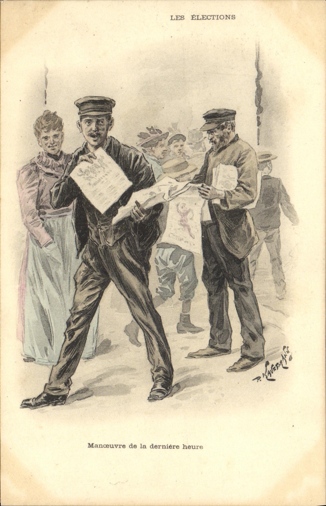 CPA Illustrateur Kauffman Manoeuvre de la derniere heure Machand de journaux 