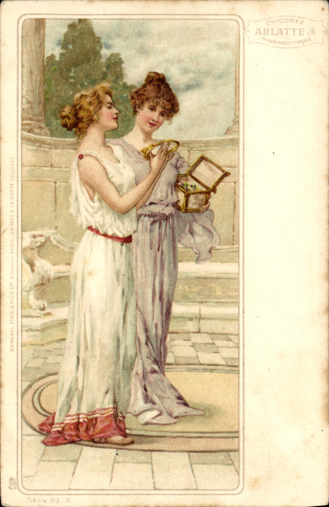 Due giovani donne in abito antico — scena di giardino — editore Raphaël Tuck & Fils, serie 83, n°2