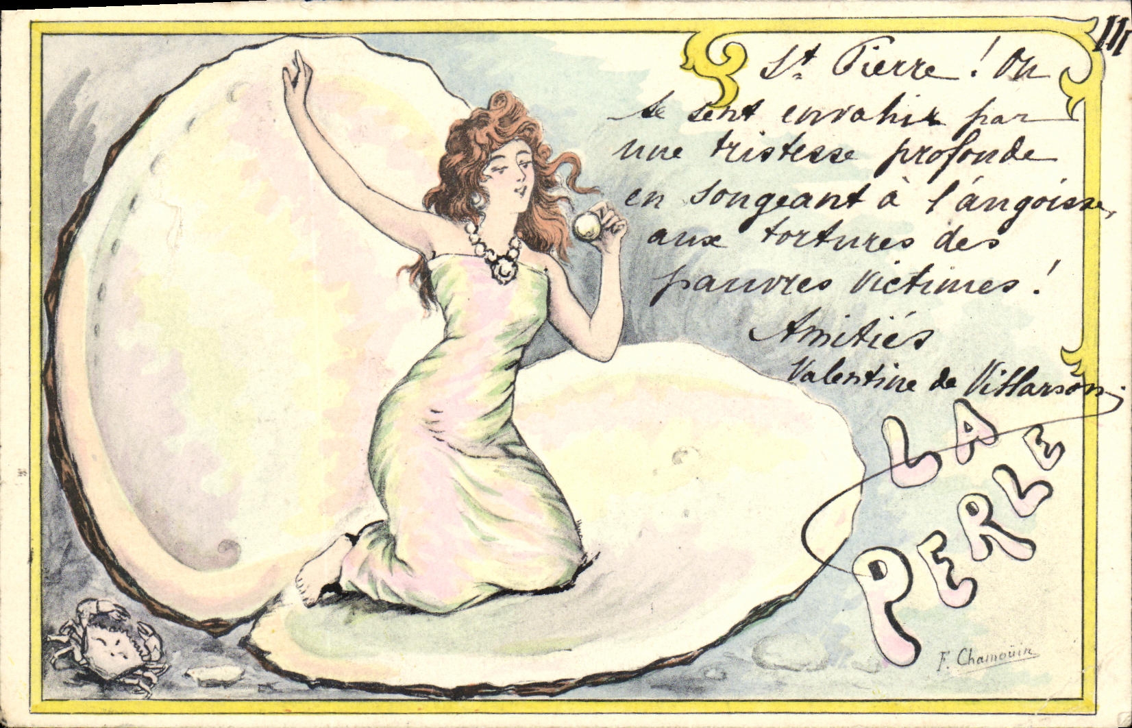 Antike Ansichtskarte Fantasie Frau Die Perle Muschel Chamouin