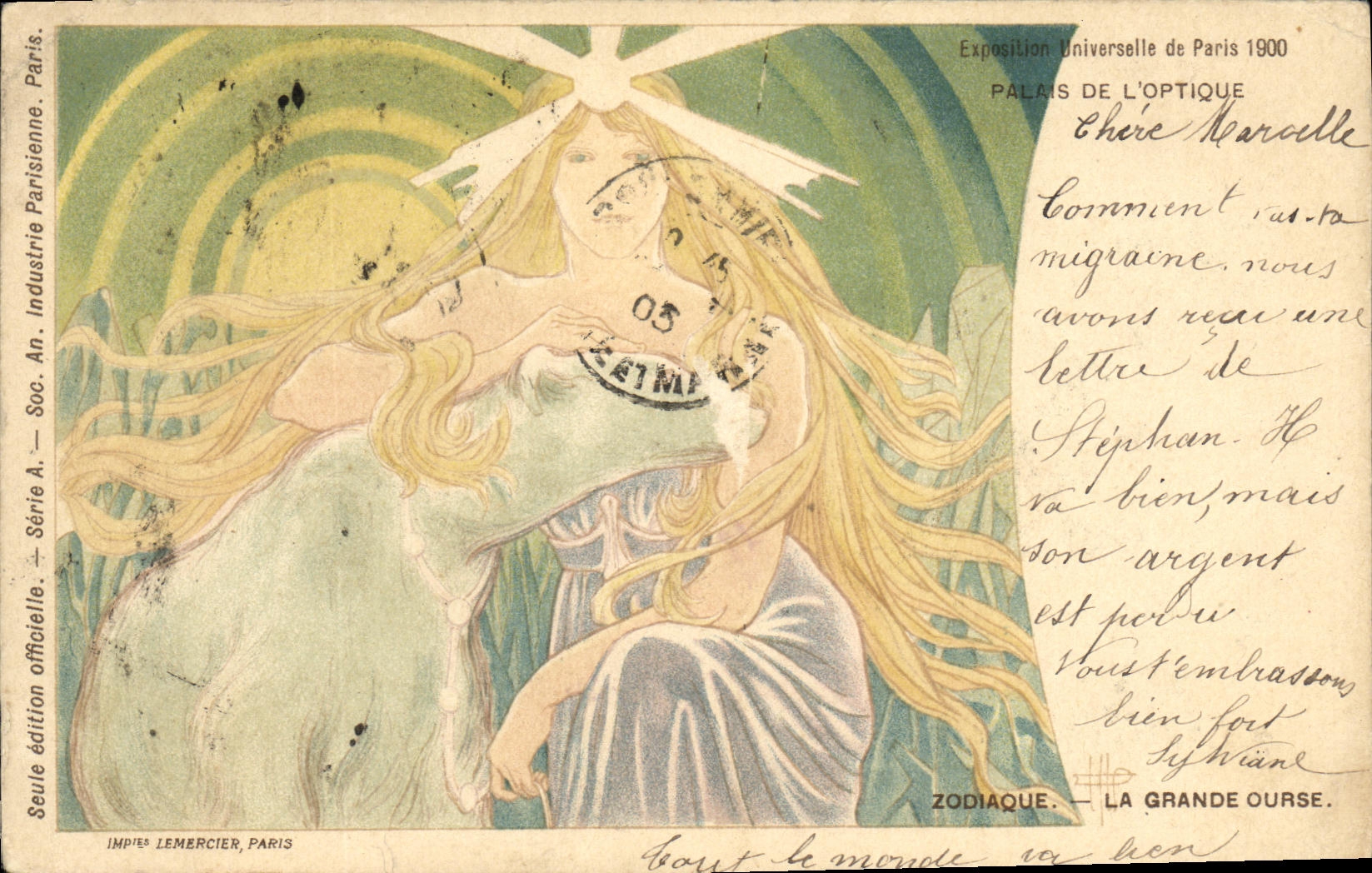 Antike Ansichtskarte Fantasie Frau Palais de l'optique Weltausstellung Paris 1900 Zeichenkreis die Große Bärin