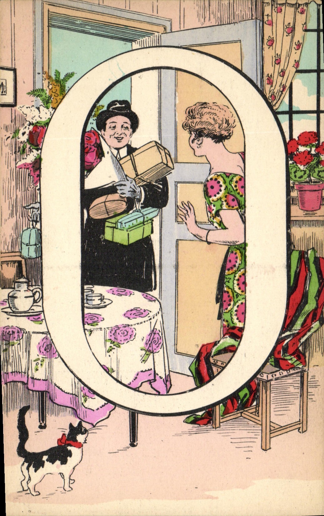 Femme recevant un livreur — illustration encadrée par la lettre O — éditeur Lilas, n° 500