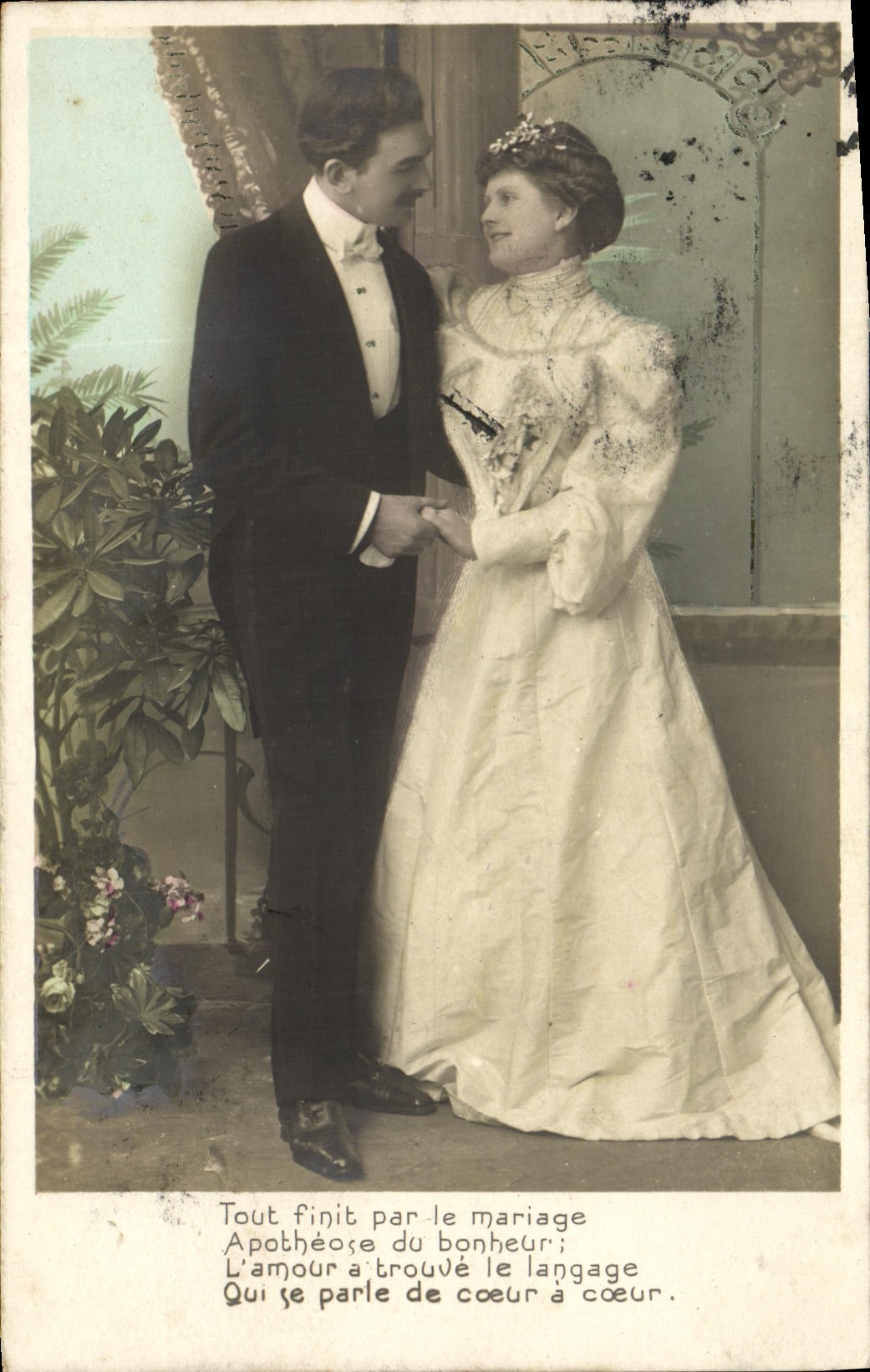 Couple en tenue de mariage — texte poétique — éditeur inconnu