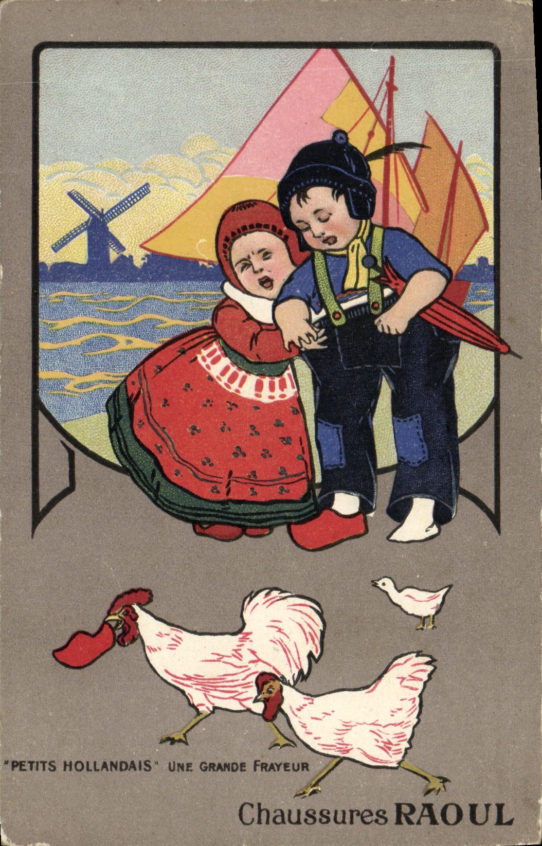 CPA Fantaisie Petits Hollandais Chaussures Raoul Enfants Moulin a vent Coq Poule