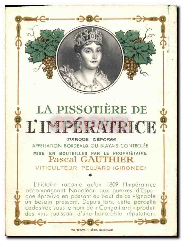 Carte depliante La Pissotiere de l'imperatrice Napoleon 1er pour Vin Bordeaux Pascal Gauthier