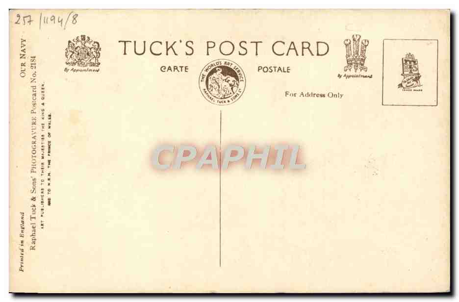 VICTORY — navire de Nelson à Portsmouth — Tuck's Post Card n°257 — Verso