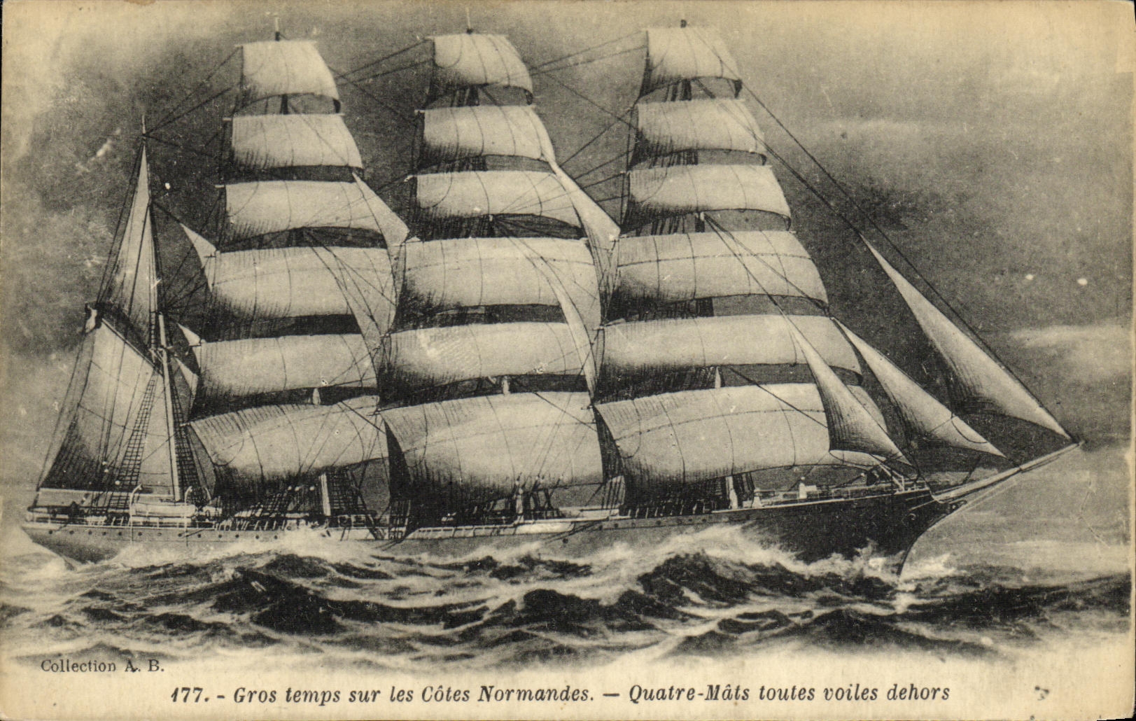 Gros temps sur les Côtes Normandes — Quatre-Mâts toutes voiles dehors — Collection A.B. n°177