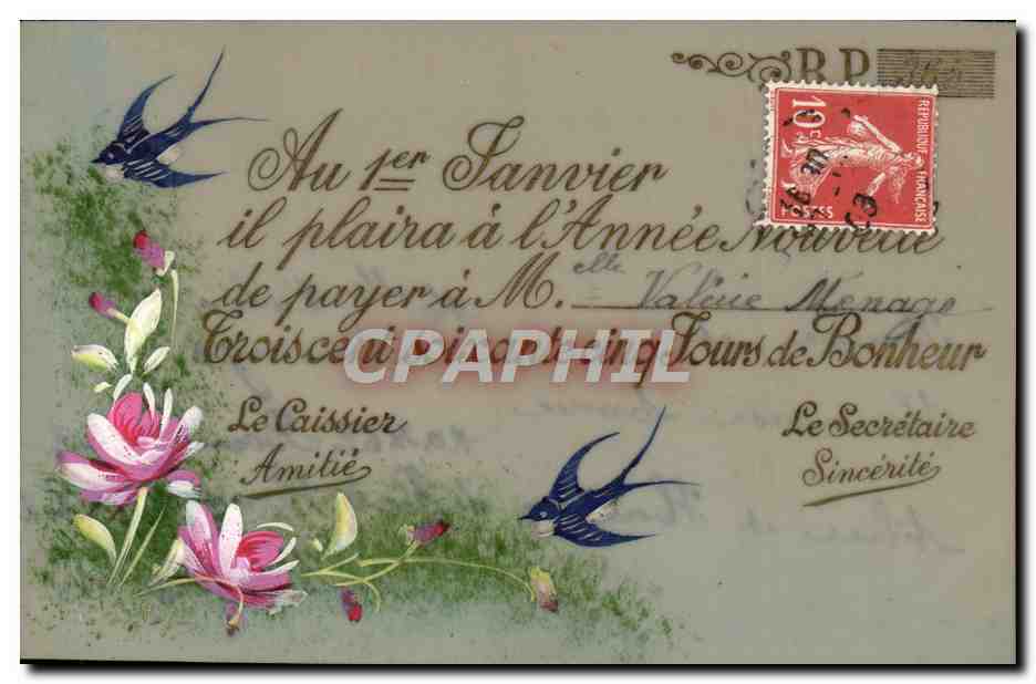 CPA Fantaisie Fleurs (decor a la main) Hirondelles