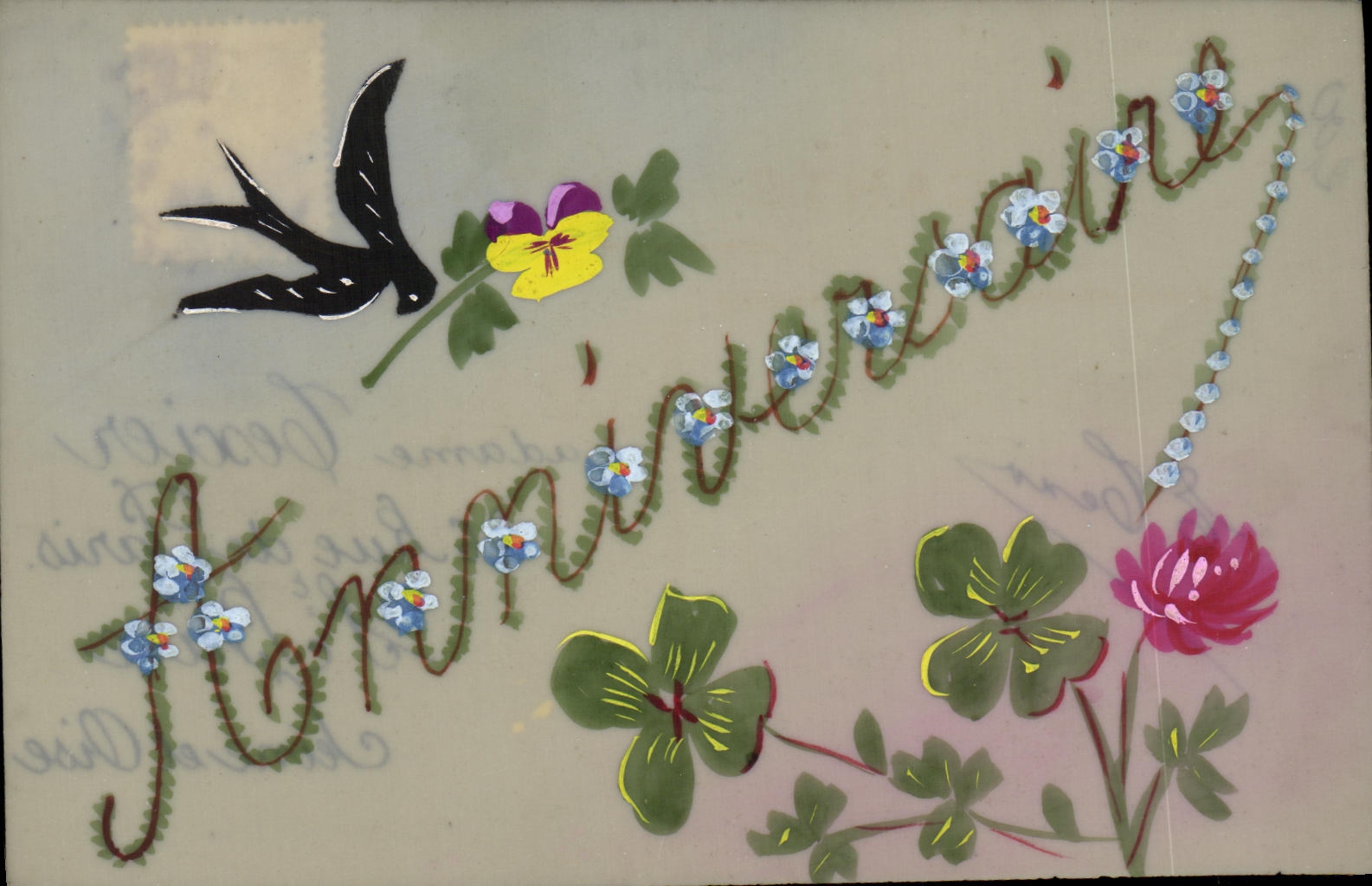 CPA Fantaisie Fleurs Anniversaire Hirondelle Trefles