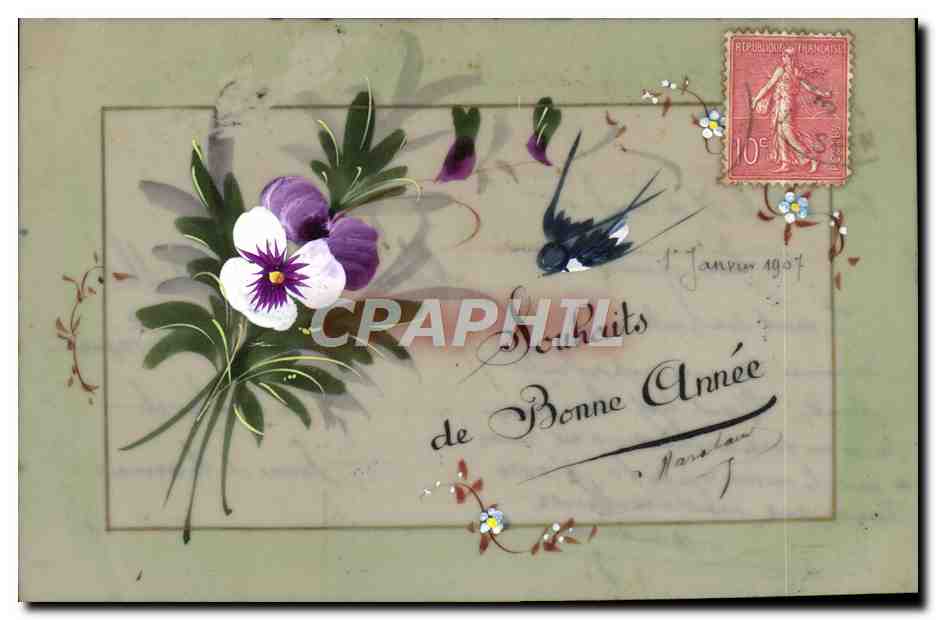 CPA Fantaisie Fleurs Hirondelle