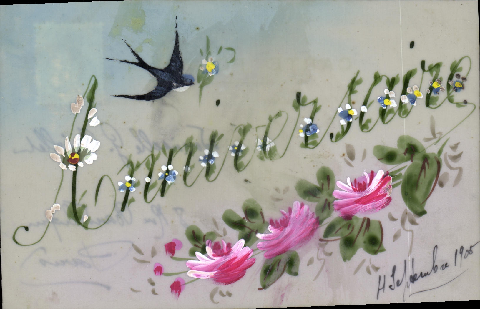 Anniversaire — dessin floral avec hirondelle — H. Le Dombre, 1908