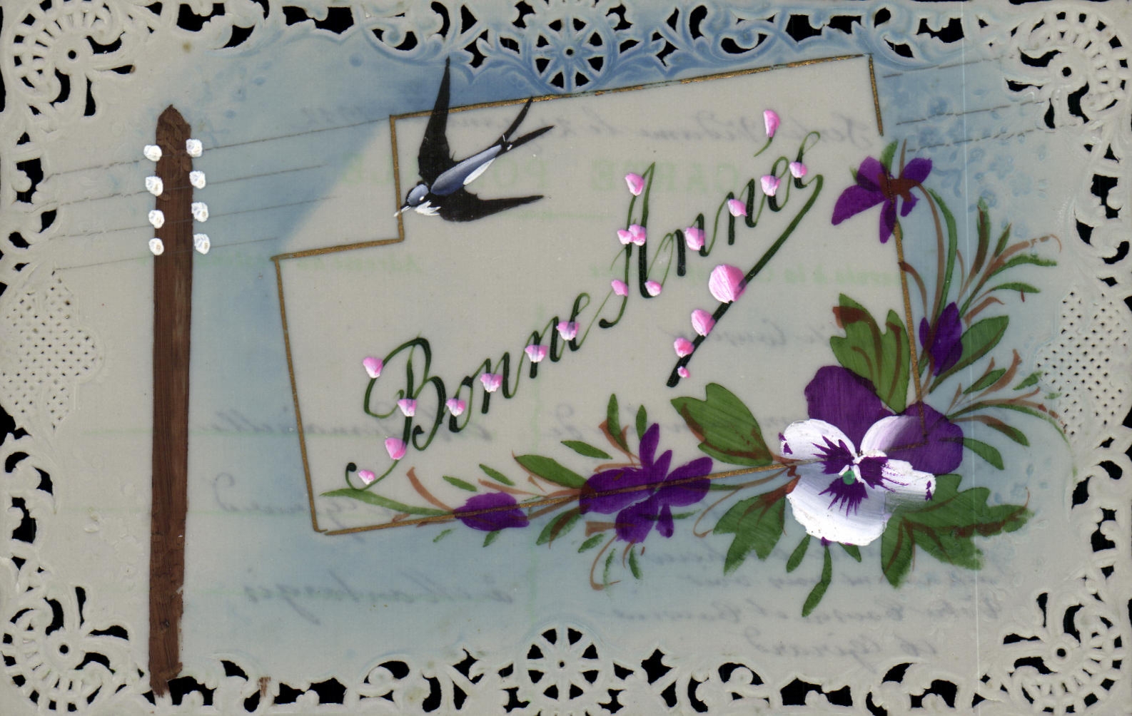 Bonne Année — oiseau et fleurs — Carte postale datée 1912