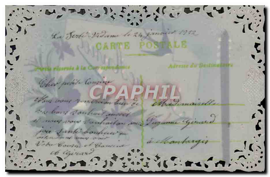 Bonne Année — oiseau et fleurs — Carte postale datée 1912 — Verso