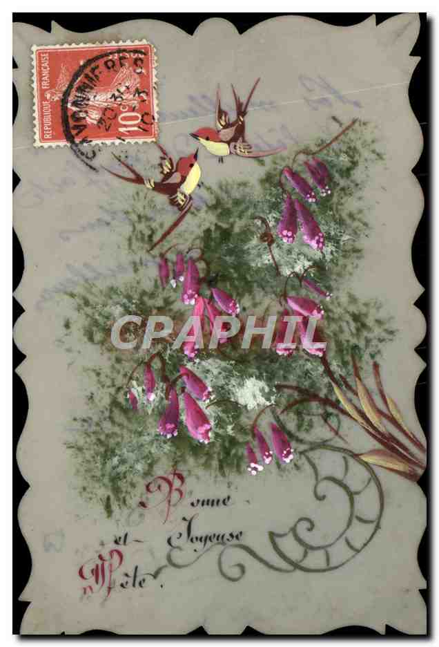 CPA Fantaisie Fleurs (decor a la main) Oiseaux 