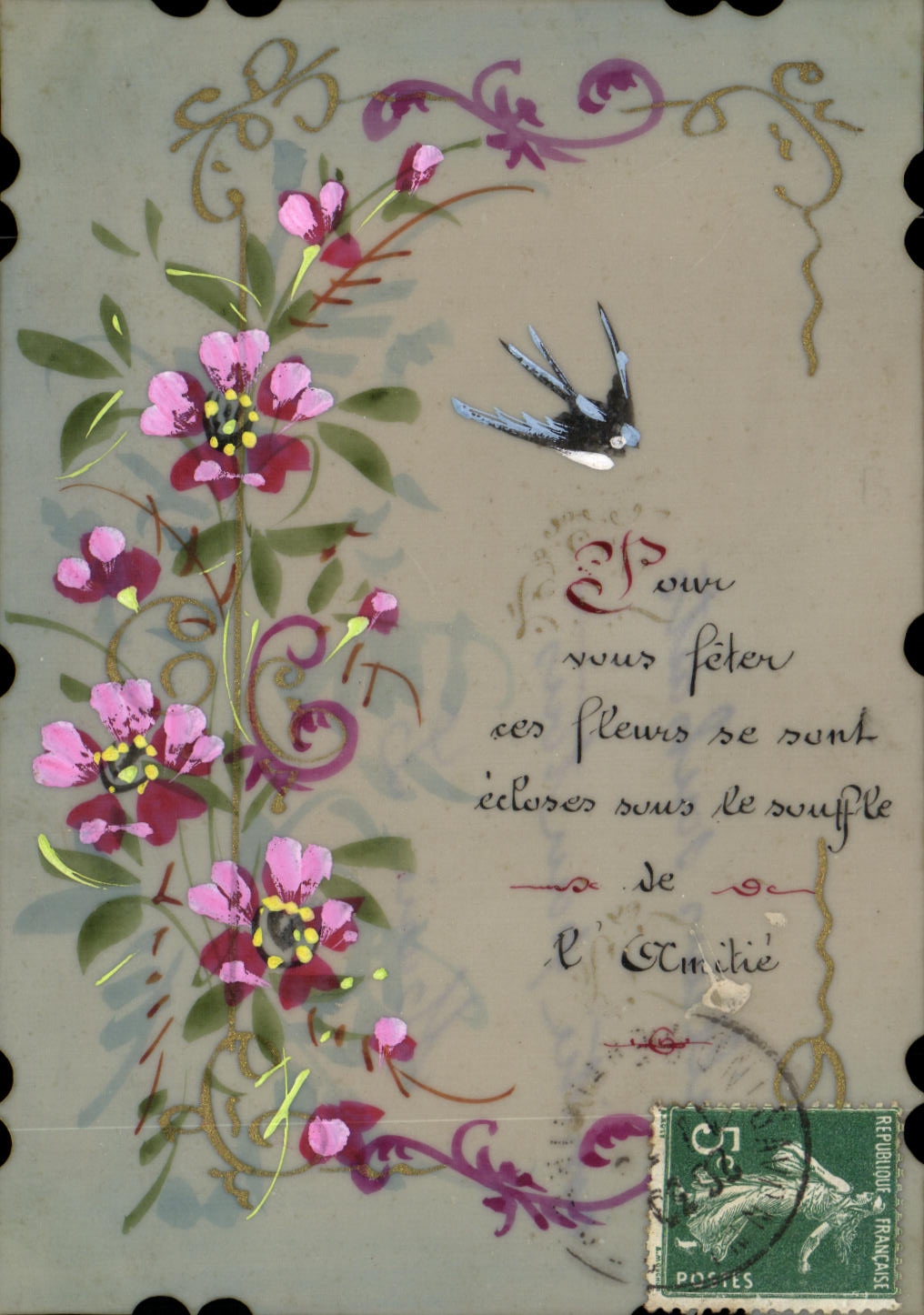 CPA Fantaisie Fleurs (decor a la main)