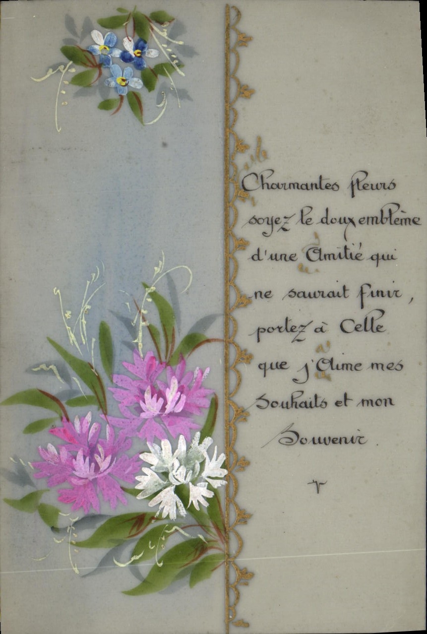 Fleurs — carte de vœux avec texte calligraphié — éditeur inconnu, n° de série non visible
