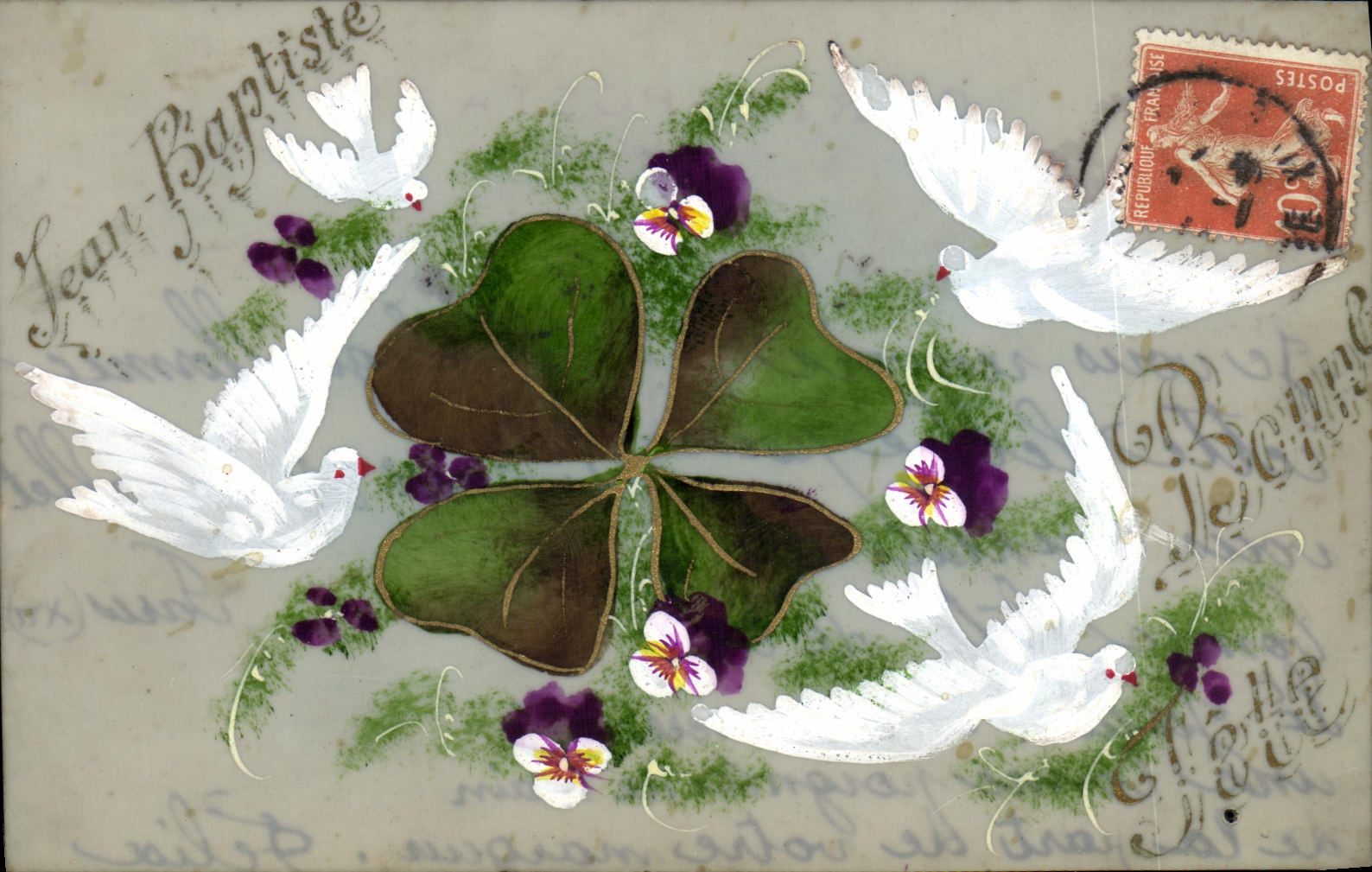 CPA Fantaisie Fleurs Colombes Trefles (decor a la main)