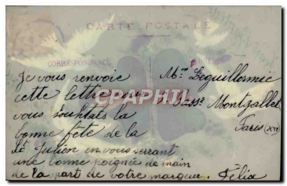 CPA Fantaisie Fleurs Colombes Trefles (decor a la main) — Verso