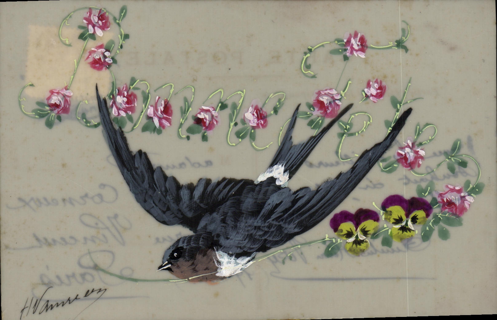 CPA Fantaisie Fleurs Hirondelle