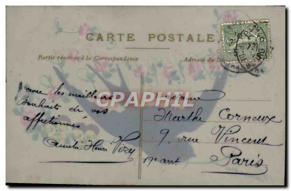 CPA Fantaisie Fleurs Hirondelle — Verso