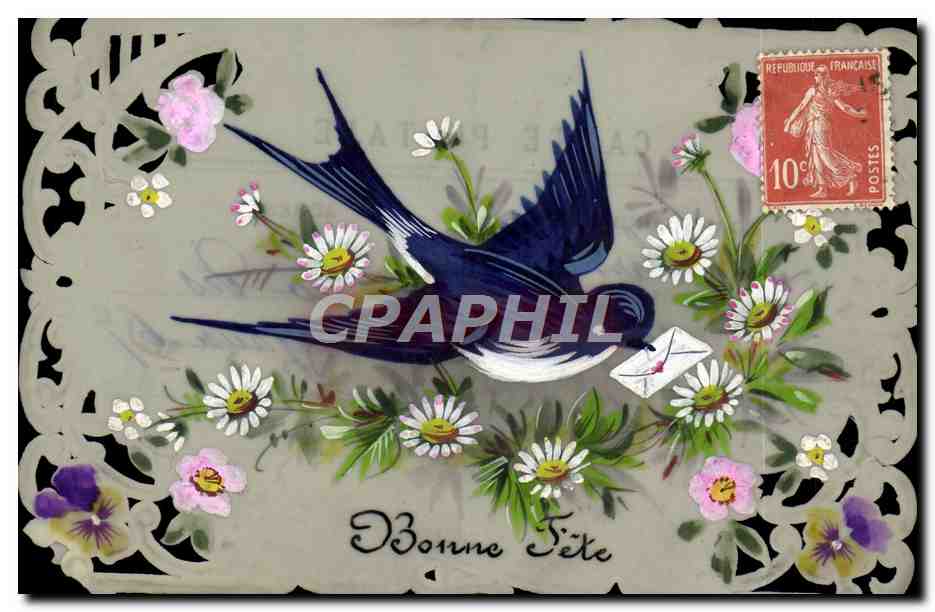 CPA Fantaisie Fleurs Hirondelles (decor a la main)