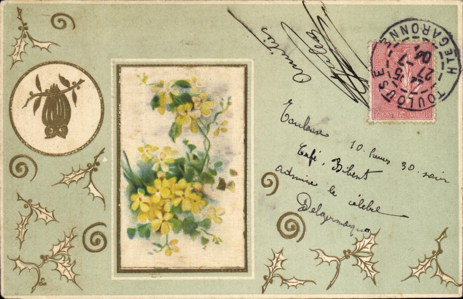 CPA Fantaisie Fleurs Hibou Chouette (decor en tissu)