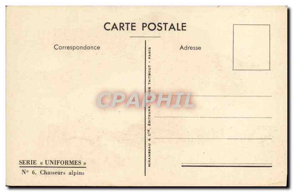 Chasseurs alpins — Uniforme — Éditeur Mirambeau & Cie, Paris, série « Uniformes », n°6 — Reverso