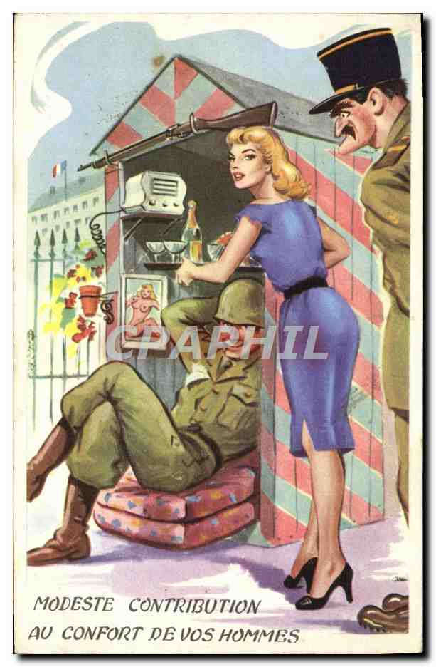 Scène militaire avec femme — 'Modeste contribution au confort de vos hommes' — éditeur Photocolor, n°389